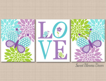 Butterflies Nursery Wall Art Purpe Lavender Teal Lime Green Floral Flowers Love Baby Girl Bedroom Decor Name Monogram C108-Sweet Blooms Decor