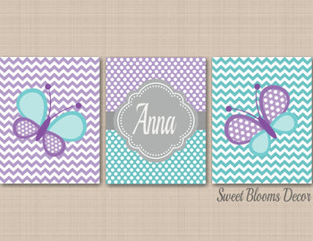 Butterflies Nursery Wall Art Purple Lavender Teal Butterfly Chevron Polkadots Girl Bedroom Decor Polka dots Name C109-Sweet Blooms Decor