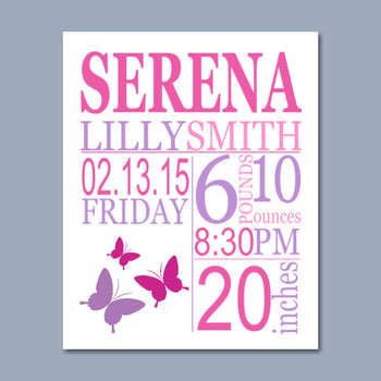 Butterfly Birth Print,Girl Birth Print,Butterfly Birth Announcement,Butterfly Baby ,Purple Butterfly Nursery Decor-PRINT OR CANVAS-Sweet Blooms Decor