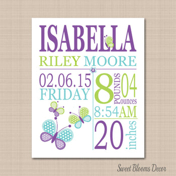 Butterfly Nursery ,Butterfly Birth Print,Butterfly Birth Announcement,Butterfly Baby ,Butterflies Nursery -PRINT OR CANVAS-Sweet Blooms Decor