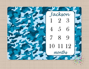 Camoflauge Milestone Baby Blanket Army Blue Camo Military Monthly Growth Tracker Personalized Name Baby Shower Gift Bedding Decor B493
