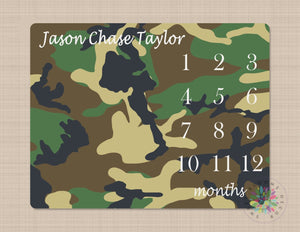 Camoflauge Mliestone Blanket Army Camo Military Monthly Growth Tracker Personalized Name Baby Shower Gift Bedding Nursery Decor B280