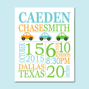 Cars Birth Print,Cars Birth Announcement,Cars Baby ,Boy Birth Print,Cars Kids ,Cars Nursery Decor-PRINT OR CANVAS-Sweet Blooms Decor