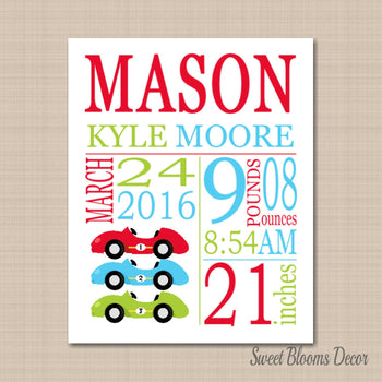 Cars Birth Print,Cars Birth Announcement,Race Car ,Cars Baby ,Boy Birth Print,Race Cars Nursery Art Decor-PRINT OR CANVAS-Sweet Blooms Decor