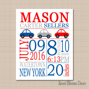 Cars Nursery Decor,Cars Birth Print,Cars Birth Announcement,Cars Baby ,Cars Nursery ,Red Blue Nursery Art-PRINT OR CANVAS-Sweet Blooms Decor