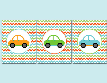 Cars Nursery Wall Art Orange Green Blue Chevron Baby Boy Bedroom Decor C110-Sweet Blooms Decor