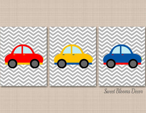 Cars Nursery Wall Art Red Blue Yellow Gray Chevron Bay Boy Bedroom Decor Cars Playroom Baby Shower Gift C471-Sweet Blooms Decor