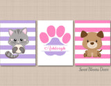 Cats Dogs Nursery Decor Wall Art Kittens Puppies Pink Purple Name Monogram Paws BAby Gilr Bedroom Decor Birthday Gift C591-Sweet Blooms Decor