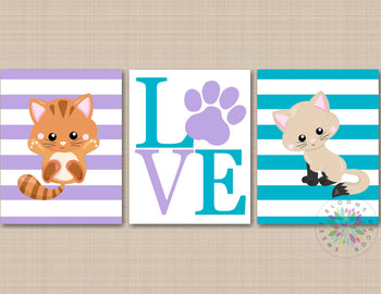 Cats Nursery Wall Art Kittens Bedroom Decor Purple Teal Girl Cats Kids Room Decor Cats Decor Cats Wall Art Love Paws C804-Sweet Blooms Decor