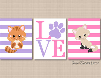 Cats Nursery Wall Art Kittens Nursery Decor Pink Purple Girl Wall Art Cats Kids Room Decor Cats Decor Cats Love Paws C562-Sweet Blooms Decor