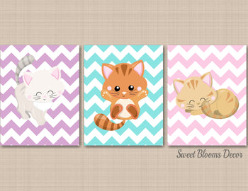 Cats Nursery Wall Art Kittens Nursery Decor Pink Purple Teal Chevron Kids Bedroom Decor UNFRAMED C554-Sweet Blooms Decor