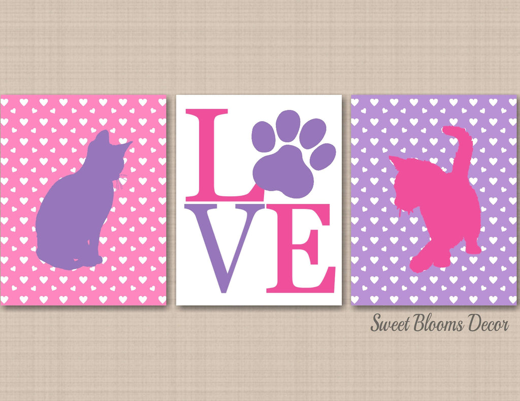 Cats Wall Art Kittens Nursery Decor Pink Purple Love Paws Hearts Kittens Bedroom Decor Birthday Gift C533-Sweet Blooms Decor