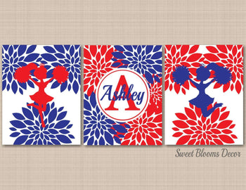 Cheerleaders Wall Art Navy Blue Red Floral Flowers Dancers Girl Bedroom Decor Name Monogram Custom Wall Art C365-Sweet Blooms Decor