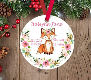 Christmas Ornament Fox Baby Girl Personalized Floral Baby Girl 1st First Christmas Woodland Shower Gift New Baby Holiday floral Flowers 176