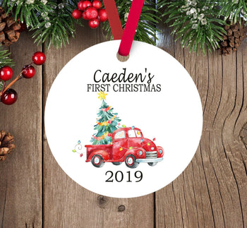 Christmas Red Truck Ornament Personalized Baby Boy 1st First Chritmas Vintage Truck Snowman Baby Shower Gift New Baby 169