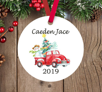 Christmas Red Truck Ornament Personalized Baby Boy 1st First Chritmas Vintage Truck Snowman Baby Shower Gift New Baby 170