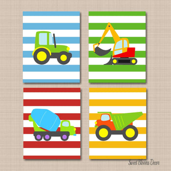 Construction Kids Wall Art Red Blue Green Oarnge Stripes Dump Trucks Tractor Mixer Digger Boy Bedroom Decor Playroom C114-Sweet Blooms Decor