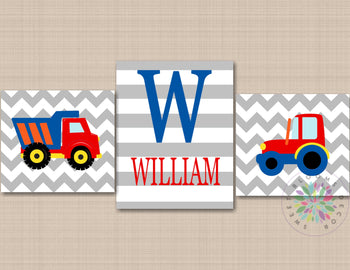 Construction Kids Wall Art Trucks Nursery Decor Dump Truck Tractor Red Blue Gray Chevron Name Monogram Bedroom Decor C631-Sweet Blooms Decor