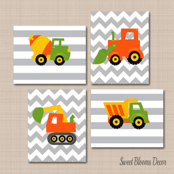 Construction Nursery Wall Art Orange Green Yellow Gray Chevron Dump Trucks Excavator Mixer Digger Baby Boy Bedroom C338-Sweet Blooms Decor