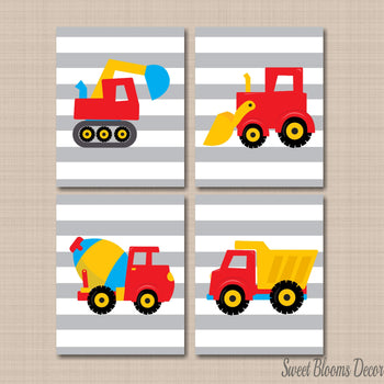 Construction Nursery Wall Art Trucks Kids Bedroom Decor Yellow Red Blue Gray Dump Truck Excavator Mixer Digger C154-Sweet Blooms Decor