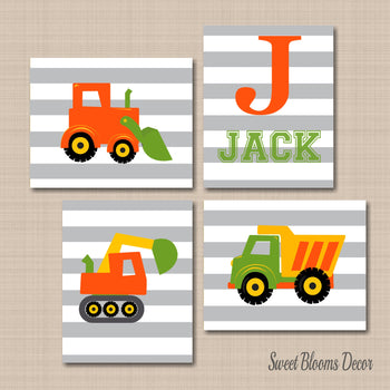 Construction Nursery Wall Art Trucks Kids Boy Bedromm Decor Orange Green Dump Truck Excavator Digger Transportation C153-Sweet Blooms Decor