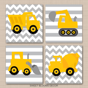 Construction Nursery Wall Art Yellow Gray Chevron Stripes Trucks Dump Truck Excavator Mixer Digger Baby Boy Bedroom C117-Sweet Blooms Decor
