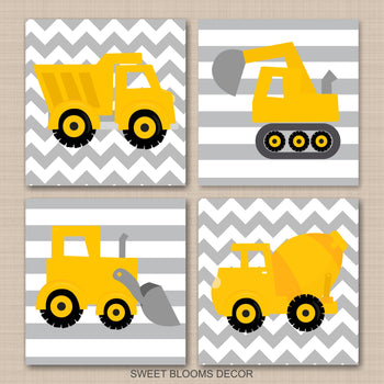 Construction Nursery Wall Art Yellow Gray Chevron Stripes Trucks Dump Truck Excavator Mixer Digger Baby Boy Bedroom C117-Sweet Blooms Decor