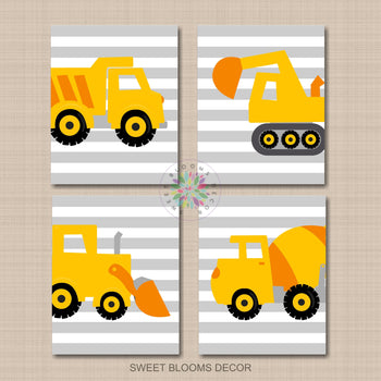 Construction Trucks Wall Art Kids Room Nursery Decor Yellow Gray Orange Stripes Digger Mixer Dump Truck E xcavator C844-Sweet Blooms Decor