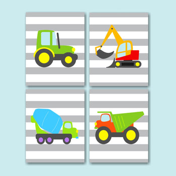 Construction Wall Art Trucks Kids Bedroom Decor Dump Mixer Tractor Excavator Digger Boy Playroom Gray Stripes Art C116-Sweet Blooms Decor