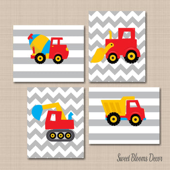 Construction Wall Art Trucks Kids Bedroom Decor Red Yellow Blue Dump Truck Mixer Digger Excavator Boy Brothers Decor C339-Sweet Blooms Decor