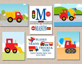 Construction Wall Art Trucks Wall Art Transportaion Wall Art Dump Trucks Mixer Digger Excavator Road Signs Wall Art Name Monogram C557-Sweet Blooms Decor