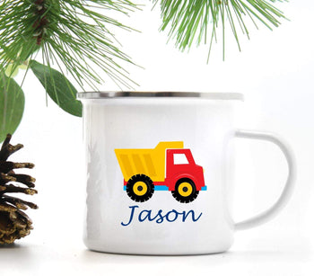 Contruction Personalized Kids Camp Mug Camping Dump Trucks Custom Children's Drinkware Metal Mug Birthday Favors Birthday Gifts M103