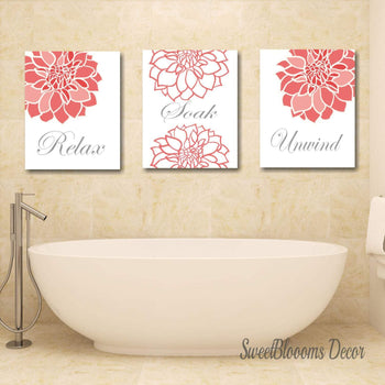 Coral Bathroom Decor,Coral Gray Bathroom Wall Art,Coral Gray Floral Wall Art,Orange Bathroom Decor,Modern Bathroom Decor PRINTS or CANVAS-Sweet Blooms Decor