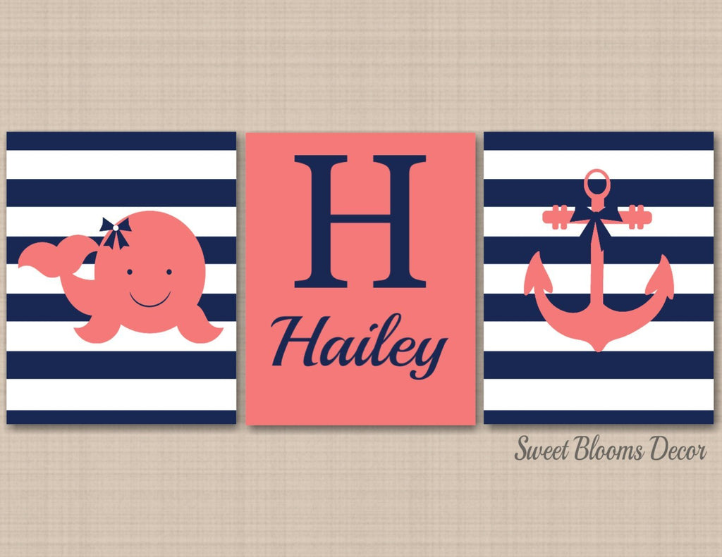 Coral Navy Blue Nautical Girl Wall Art Whale Anchor Baby Girl Bedroom Decor Name Monogram Baby Shower Gift Stripes C345-Sweet Blooms Decor