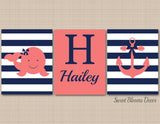 Coral Navy Blue Nautical Girl Wall Art Whale Anchor Baby Girl Bedroom Decor Name Monogram Baby Shower Gift Stripes C345-Sweet Blooms Decor