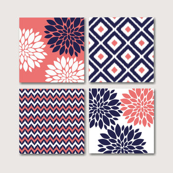 Coral Navy Floral Wall Art,Coral Floral Wall Art,Navy Coral Floral Decor,Coral Bathroom Decor,Modern Wall Art H103
