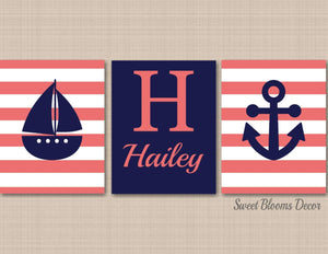 Coral Navy Nautical Girl Nursery Wall Art Boat Anchor Girl Bedroom Decor Name Monogram Baby Shower Gift C344-Sweet Blooms Decor