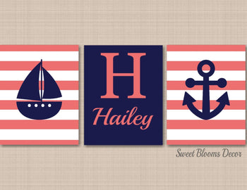 Coral Navy Nautical Girl Nursery Wall Art Boat Anchor Girl Bedroom Decor Name Monogram Baby Shower Gift C344-Sweet Blooms Decor
