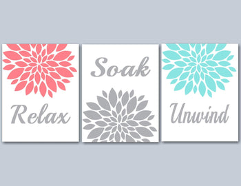 Coral Teal Bathroom Wall Art,Coral Gray Bathroom Wall Art,Aqua Floral Wall Art,Aqua Floral Bathroom Wall Art,Coral Bath PRINTS or CANVAS-Sweet Blooms Decor