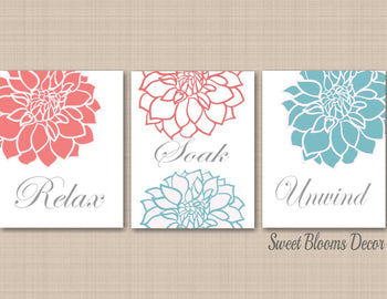 Coral Teal Bathroom Wall Art,Coral Gray Bathroom Wall Art,Aqua Floral Wall Art,Aqua Floral Bathroom Wall Art,Modern Bath PRINTS or CANVAS-Sweet Blooms Decor