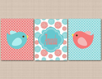 Coral Teal Birds Nursery Wall Art Birds Flowers Nursery Decor Coral Teal Aqua Floral Birds Monogram Name UNFRAMED C105-Sweet Blooms Decor