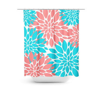 Coral Teal Floral Shower Curtain Dahlia Flowers Bathroom Decor Bath Mat Modern Simple Shower Curtain Guest Bathroom Girls Bathroom P116