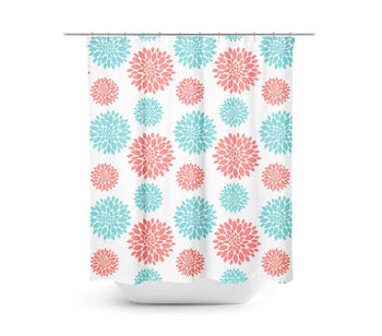 Coral Teal Floral Shower Curtain Dahlia Flowers Bathroom Decor Bath Mat Modern Simple Shower Curtain Guest Bathroom Girls Bathroom P120