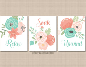 Coral Teal Gray Floral Bathroom Wall Art-Sweet Blooms Decor