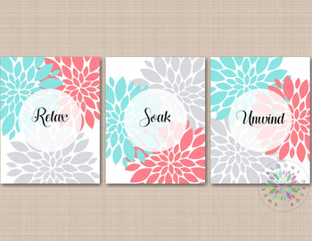 Coral Teal Gray Floral Bathroom Wall Art Floral Modern Bathroom Decor Relax Soak Unwind Flowers PRINTS or CANVAS S101-Sweet Blooms Decor