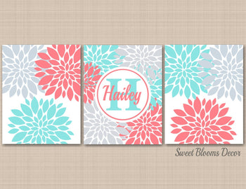 Coral Teal Gray Floral Nursery Wall Art Flowers Girl Bedroom Decor Name Monogram Teal Aqua Turquoise Bathroom C421-Sweet Blooms Decor