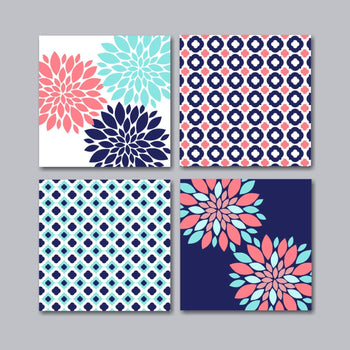 Coral Teal Navy Floral Wall Art,Coral Floral Wall Art,Navy Coral Floral Decor,Coral Bathroom Decor,Modern Wall Art  H101