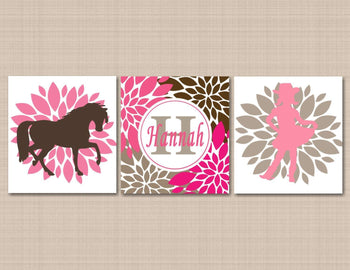 Cowgirl Kids Wall Art Floral Horse Pony Pink Brown Flowers Girl Bedroom Decor Name Monogram Birthday Gift Shower Gift C119-Sweet Blooms Decor