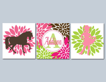 Cowgirl Kids Wall Art Horse Cowgirl Floral Girl Bedroom Decor Pink Brown Flowers Name Monogram Birthday Gift UNFRAMED-Sweet Blooms Decor