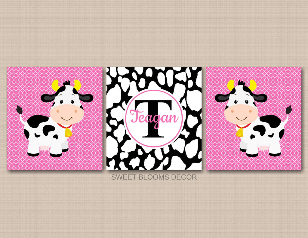 Cows Nursery Wall Art Pink Black Cow Nursery Decor Baby Girl Farm Animals Bedroom Decor Name Monogram Baby Shower Gift C874-Sweet Blooms Decor
